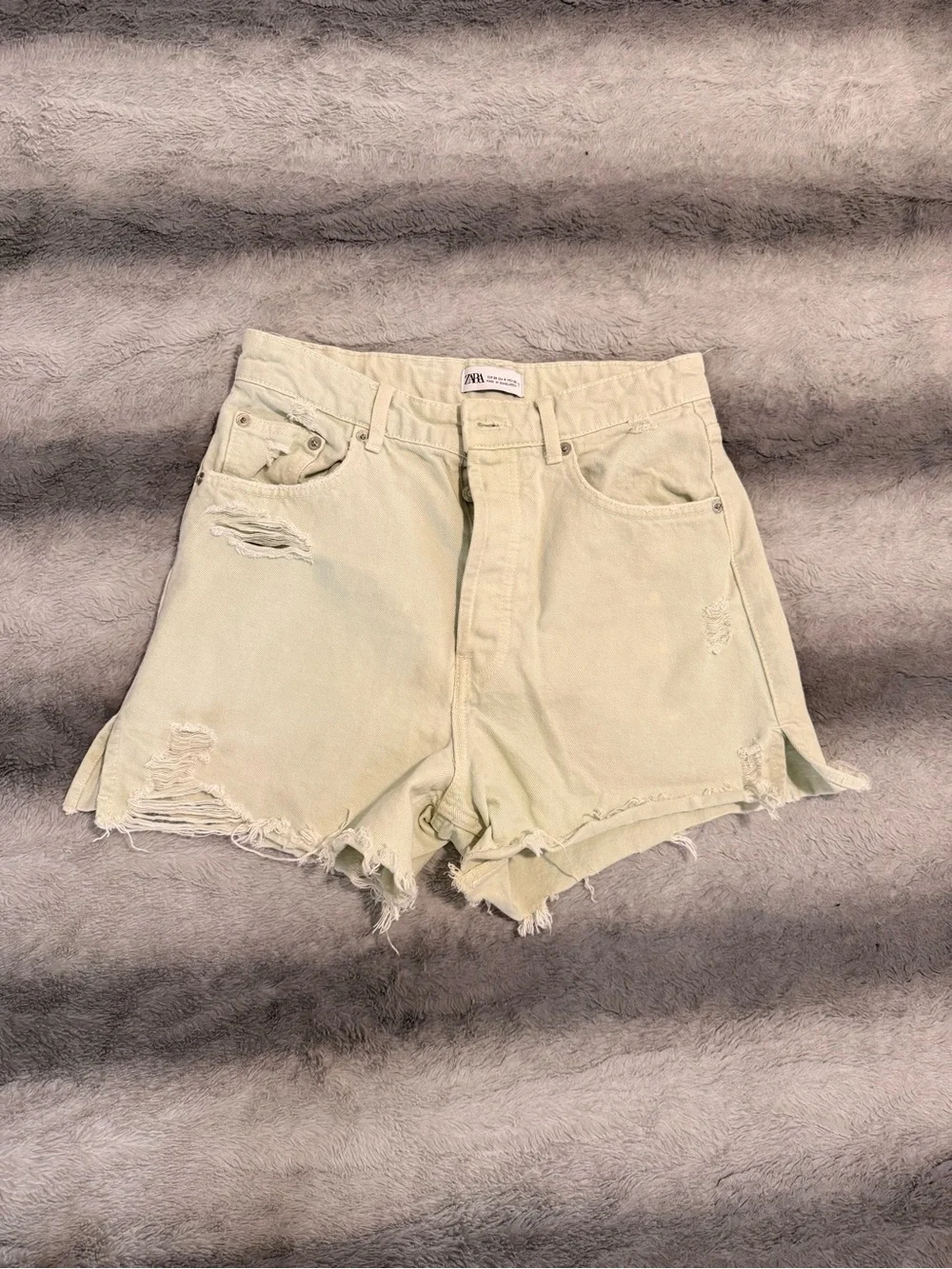 Zara Light Mint Distressed Denim Shorts